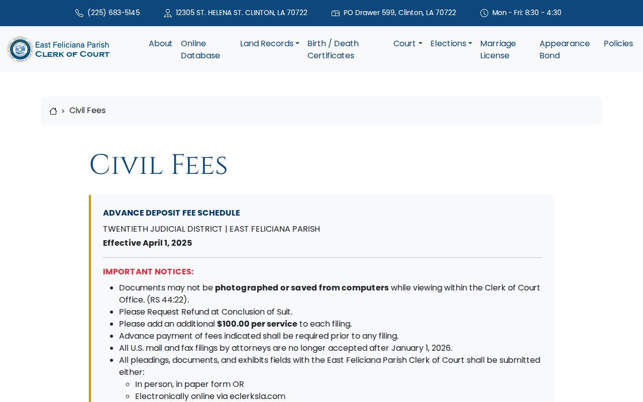 East Feliciana Parish civil docket filing deposit and service fee schedule