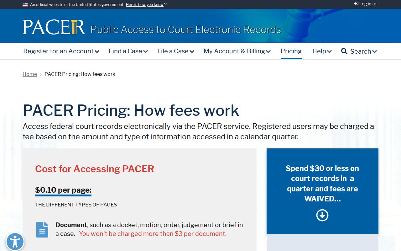 Clinton court docket federal PACER access pricing page