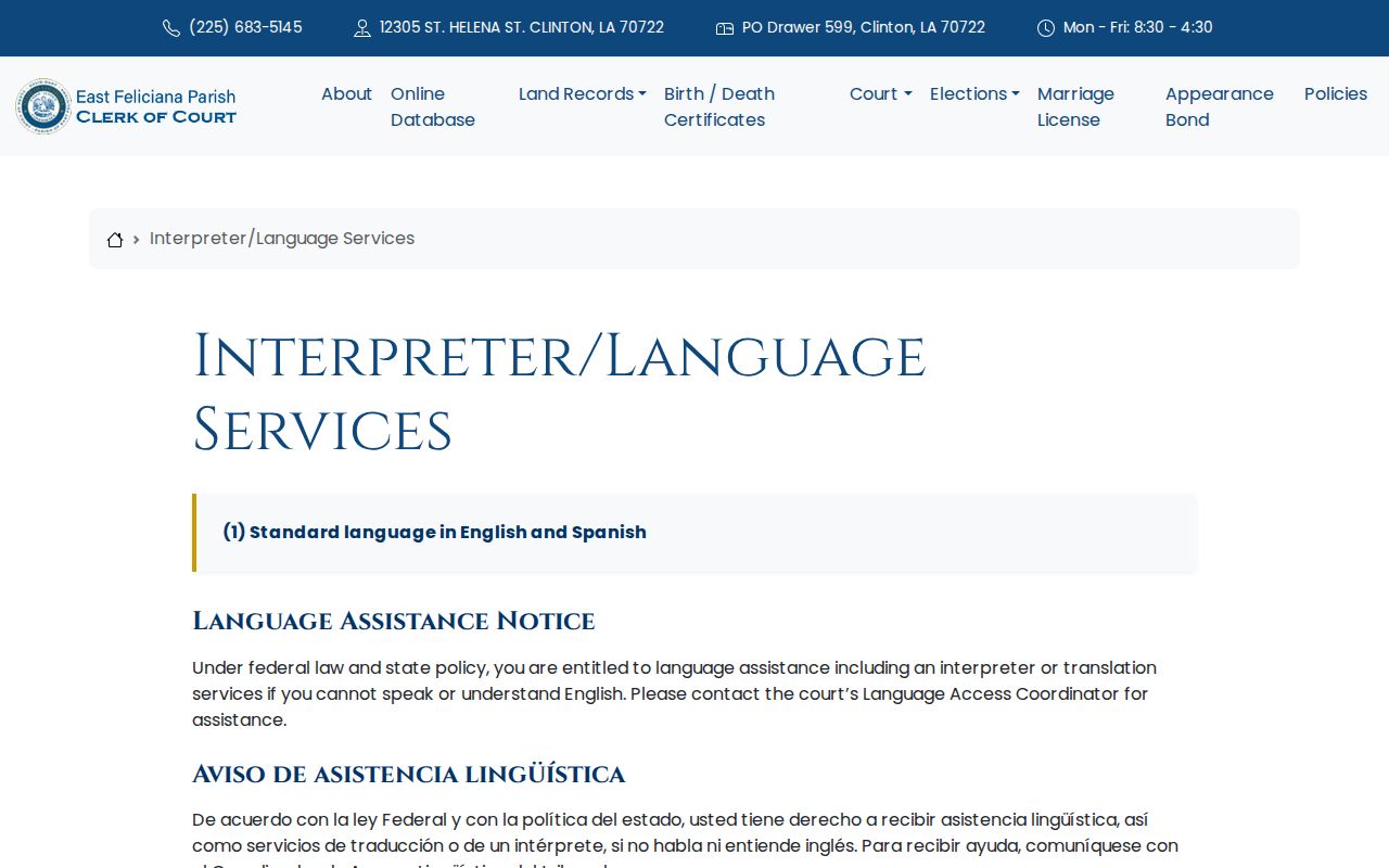 East Feliciana Parish Court Dates interpreter and language services reference