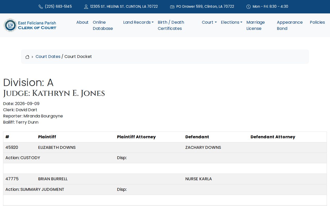 East Feliciana Parish Court Dates daily docket field layout