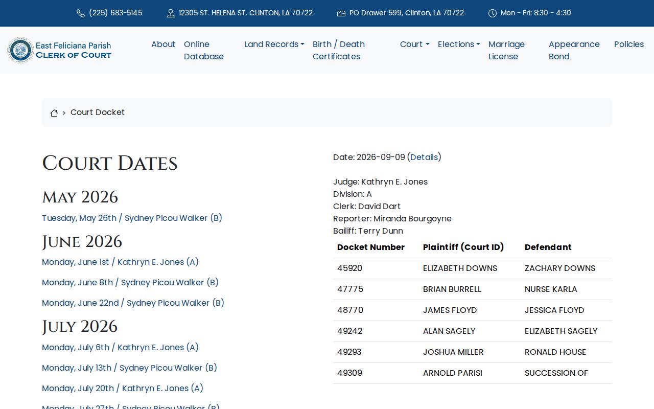 East Feliciana Parish Court Dates monthly docket index