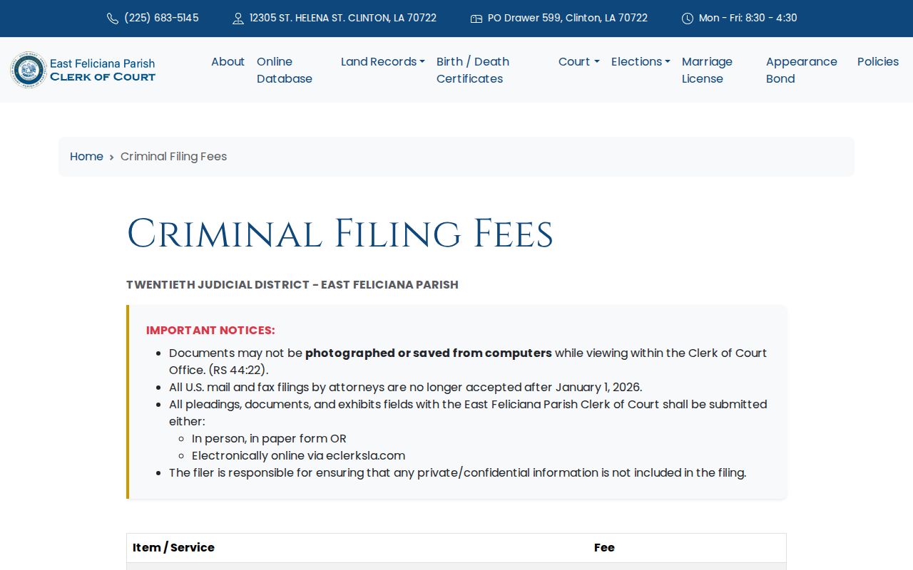 East Feliciana Parish criminal docket copy and certification fee reference