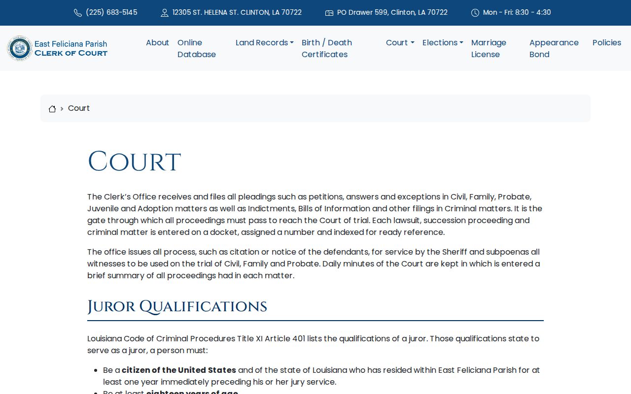 East Feliciana Parish criminal docket reference from the clerk court records page