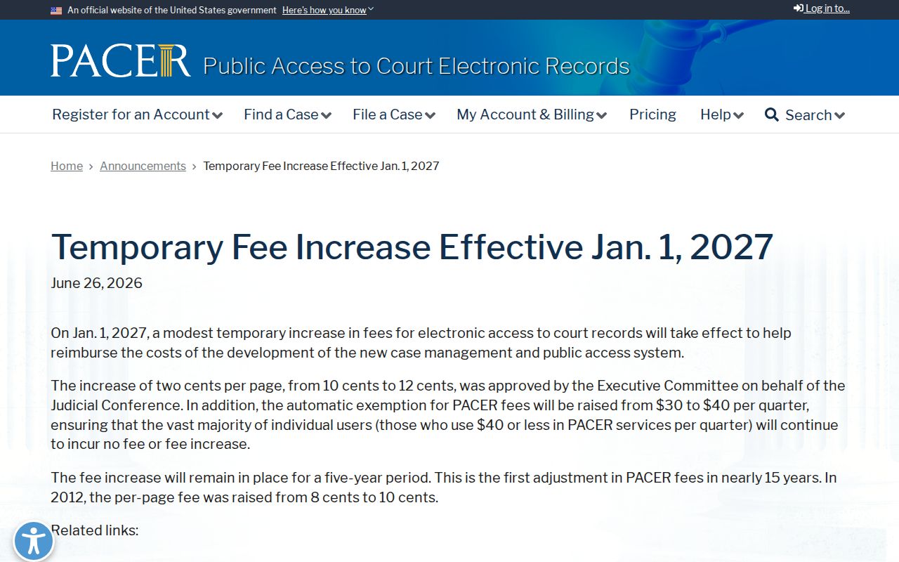 Norwood court docket PACER federal access fee notice