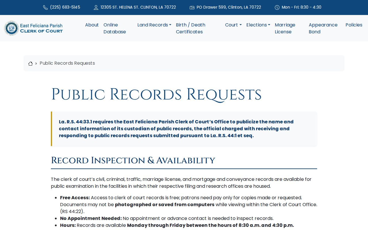 East Feliciana Parish traffic tickets clerk public-records request information